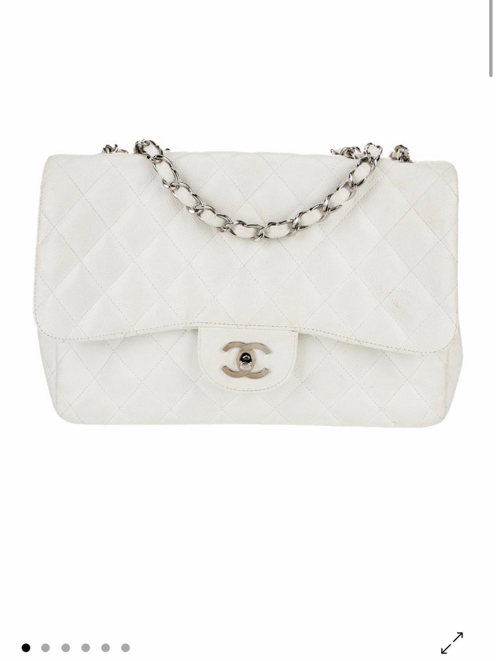 CHANEL White Quilted Leather Shoulder Bag with Silver Chain